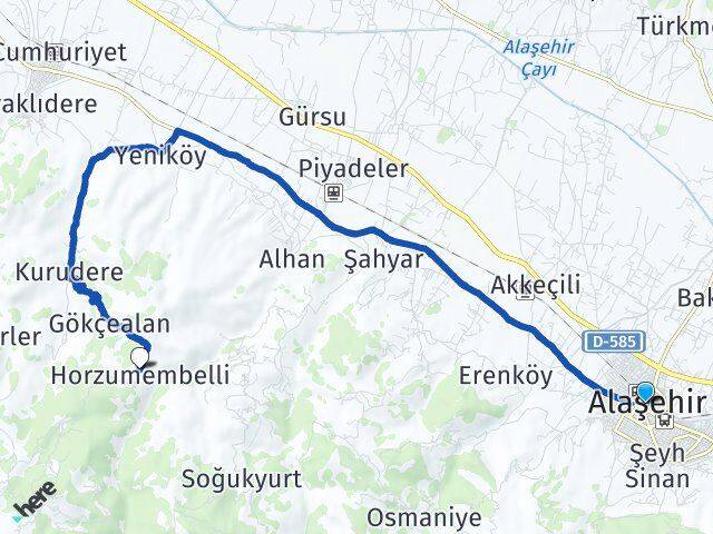 Manisa Alaşehir Horzumembelli Alaşehir Arası Kaç Km - Yol Haritası