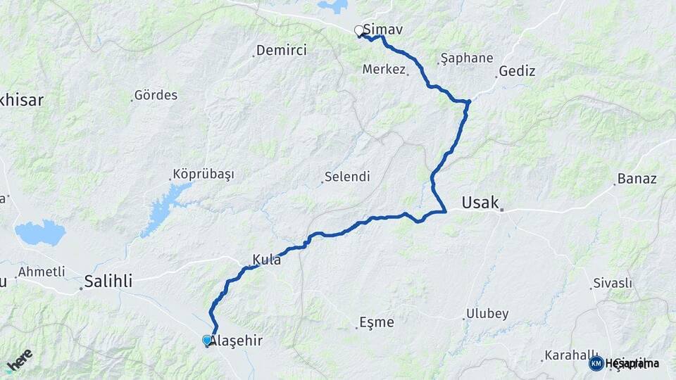 Manisa Alaşehir Simav Kütahya Arası Kaç Km - Yol Haritası