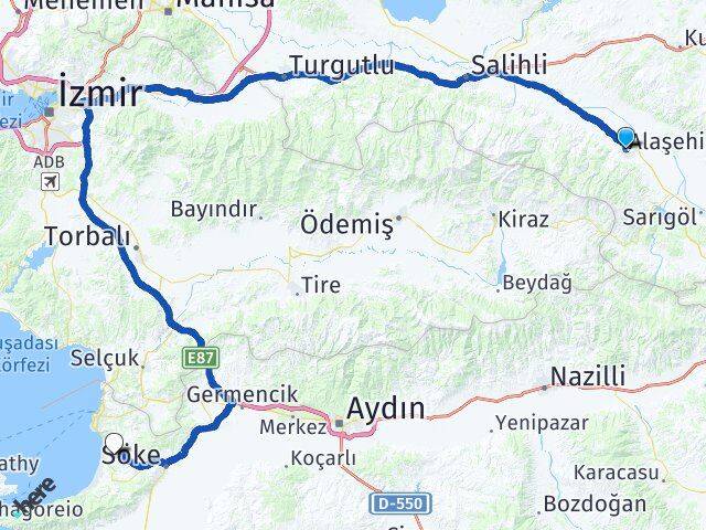 Manisa Alaşehir Soğucak Kuşadası Aydın Arası Kaç Km - Yol Haritası