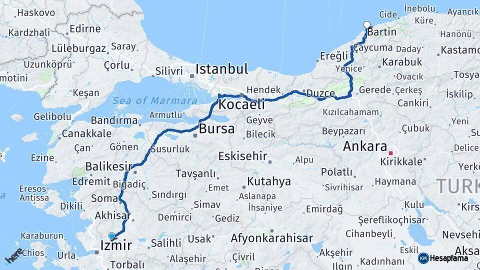 Manisa Amasra Bartın Arası Kaç Km - Yol Haritası