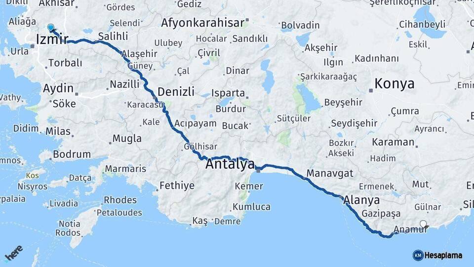 Manisa Aydıncık Mersin Arası Kaç Km - Yol Haritası