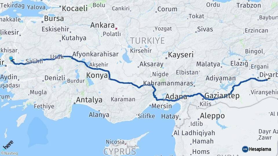 Manisa Bismil Diyarbakır Arası Kaç Km - Yol Haritası