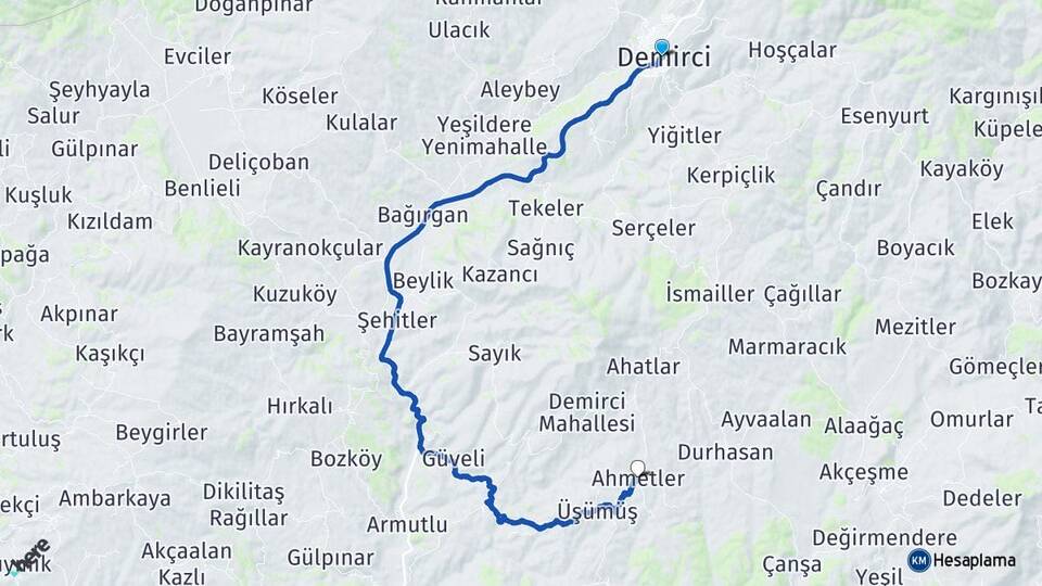 Manisa Demirci Ahmetler Demirci Arası Kaç Km - Yol Haritası