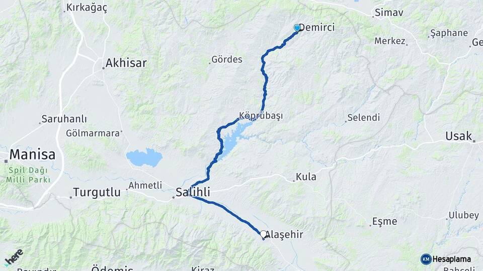 Manisa Demirci Alaşehir Arası Kaç Km - Yol Haritası