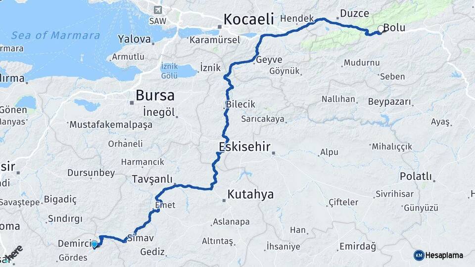 Manisa Demirci Bolu Arası Kaç Km - Yol Haritası