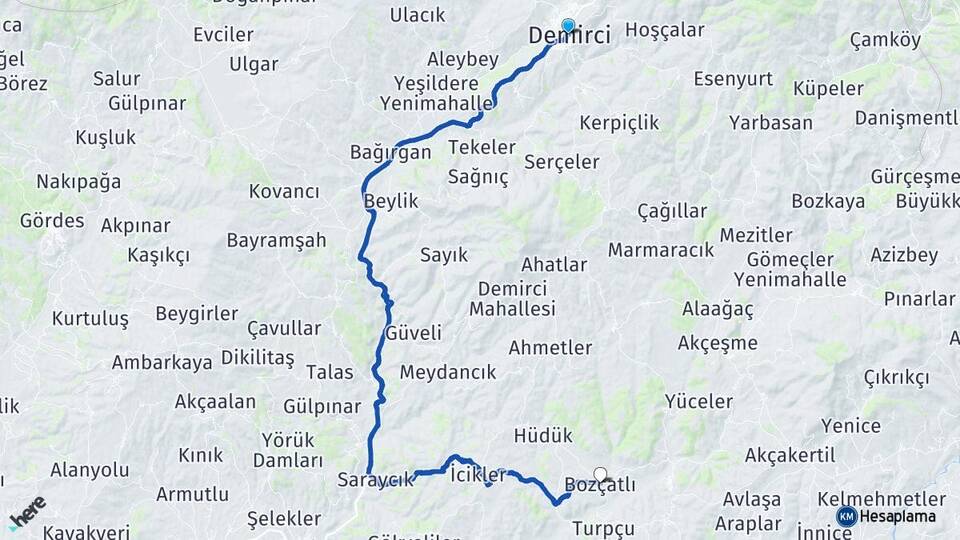 Manisa Demirci Bozçatlı Demirci Arası Kaç Km - Yol Haritası