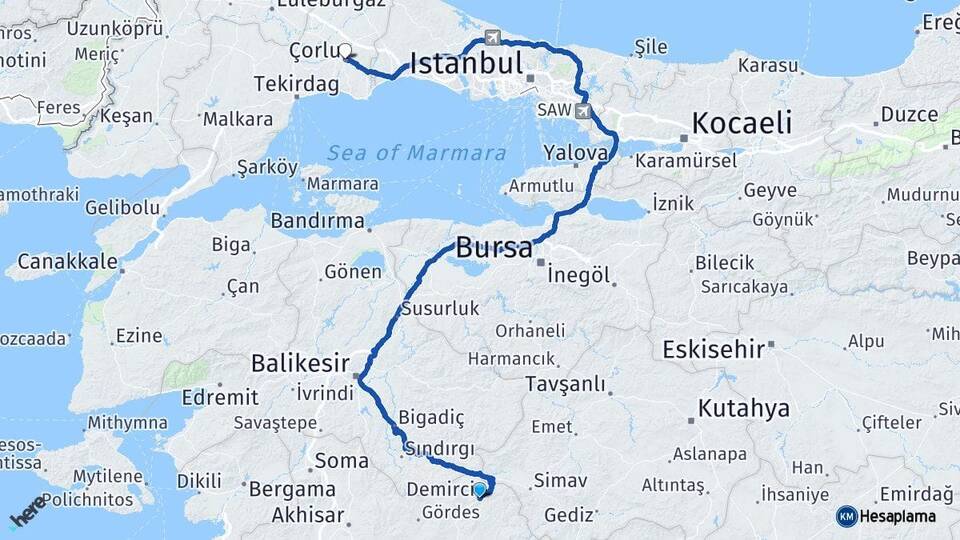 Manisa Demirci Çorlu Tekirdağ Arası Kaç Km - Yol Haritası