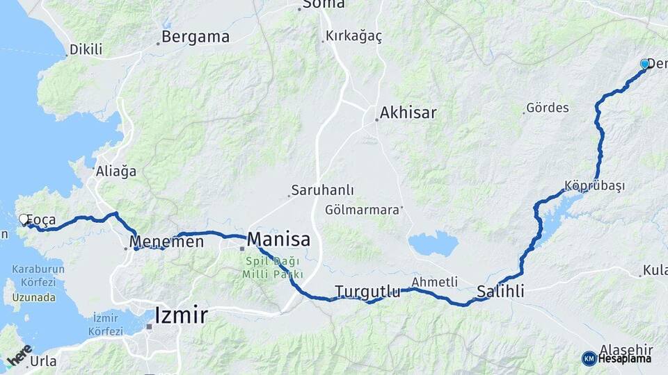 Manisa Demirci Foça İzmir Arası Kaç Km - Yol Haritası