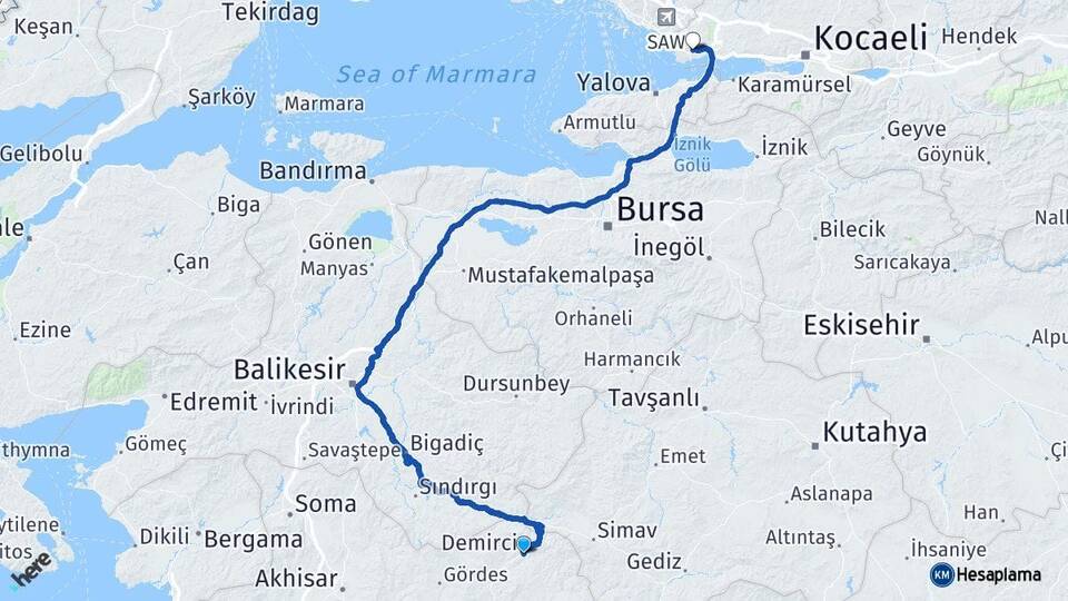 Manisa Demirci Gebze Kocaeli Arası Kaç Km - Yol Haritası
