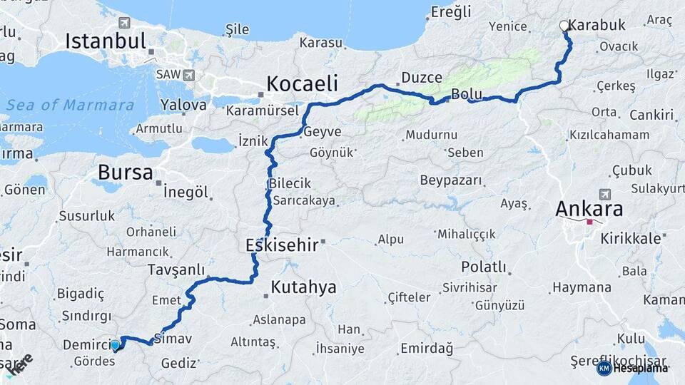 Manisa Demirci Karabük Arası Kaç Km - Yol Haritası