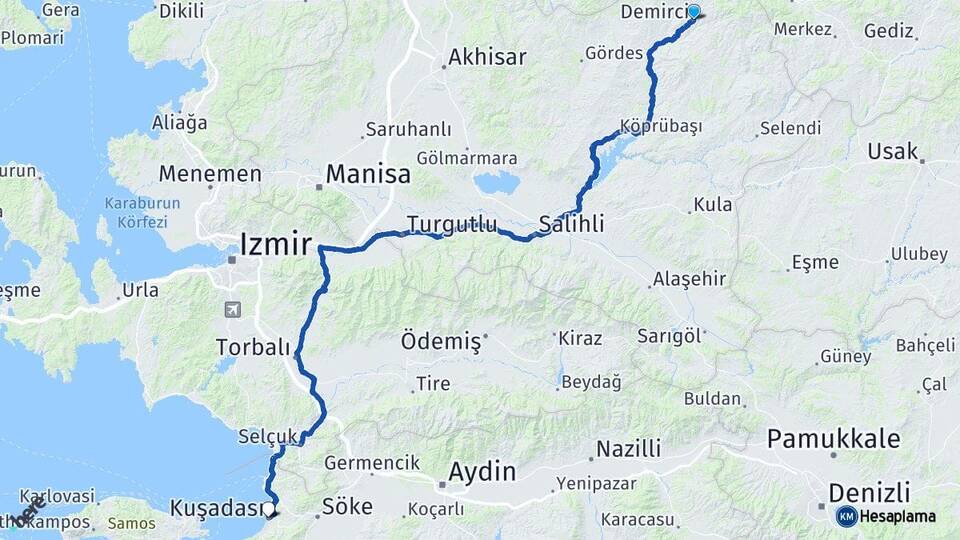 Manisa Demirci Kuşadası Aydın Arası Kaç Km - Yol Haritası