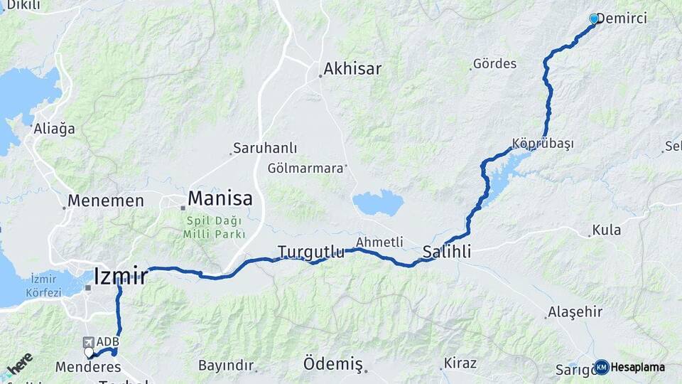 Manisa Demirci Menderes İzmir Arası Kaç Km - Yol Haritası