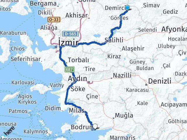 Manisa Demirci Ören Milas Muğla Arası Kaç Km - Yol Haritası