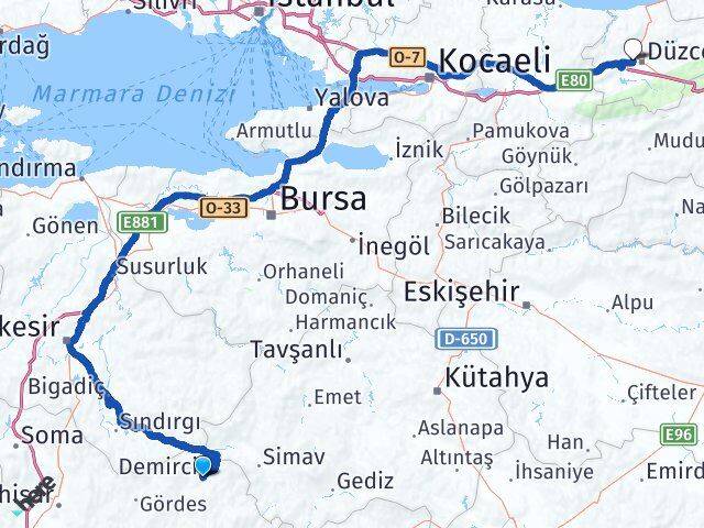 Manisa Demirci Taşköprü Düzce Arası Kaç Km - Yol Haritası