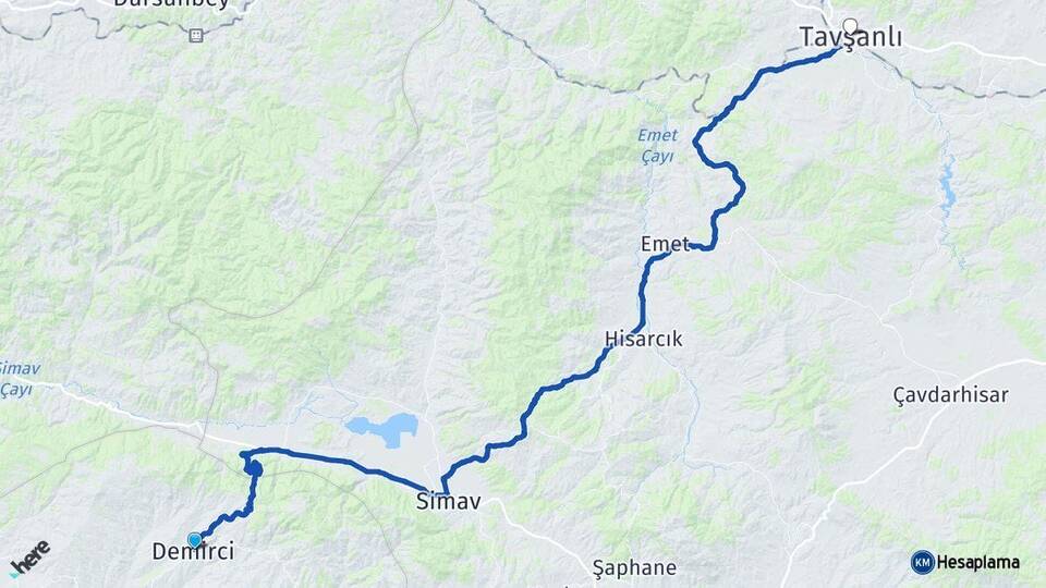 Manisa Demirci Tavşanlı Kütahya Arası Kaç Km - Yol Haritası