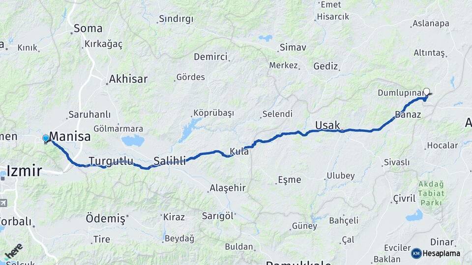 Manisa Dumlupınar Kütahya Arası Kaç Km - Yol Haritası