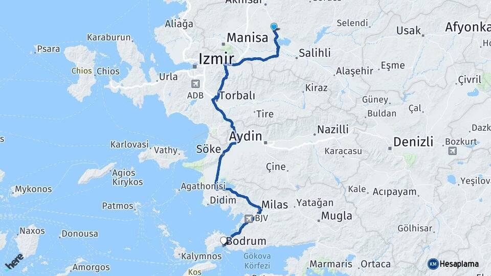 Manisa Gölmarmara Bodrum Muğla Arası Kaç Km - Yol Haritası