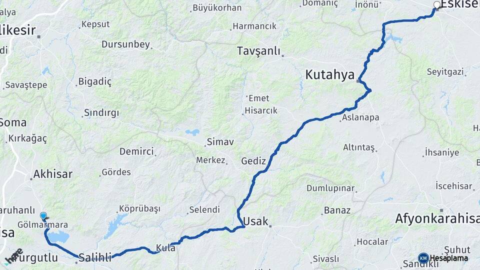 Manisa Gölmarmara Eskişehir Arası Kaç Km - Yol Haritası