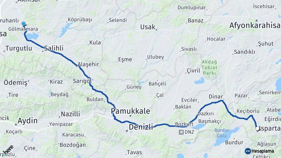 Manisa Gölmarmara Isparta Arası Kaç Km - Yol Haritası