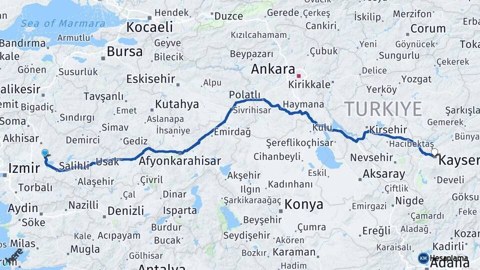 Manisa Gölmarmara Kayseri Arası Kaç Km - Yol Haritası