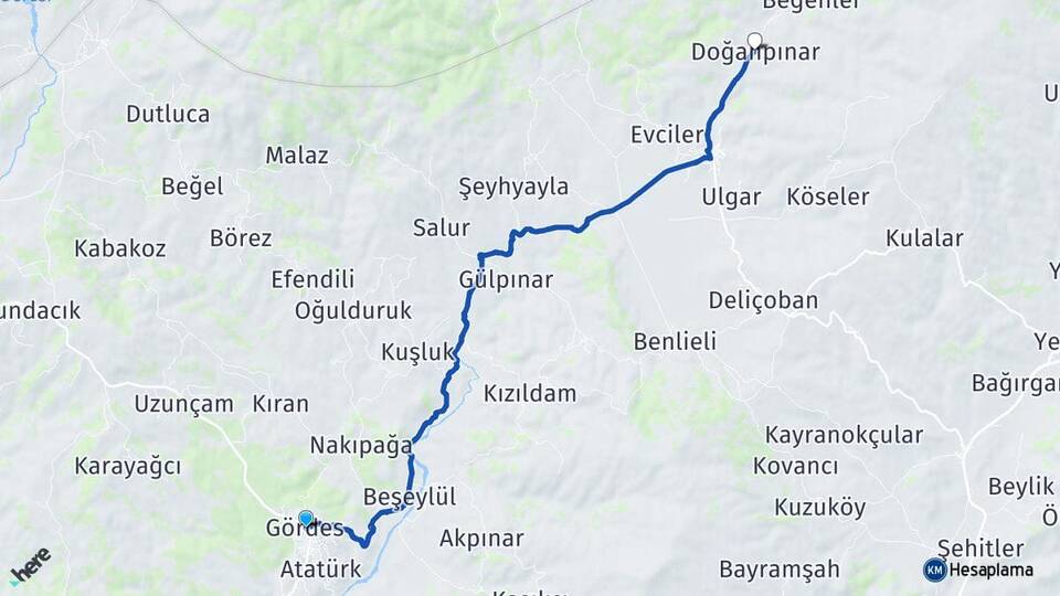 Manisa Gördes Doğanpınar Gördes Arası Kaç Km - Yol Haritası