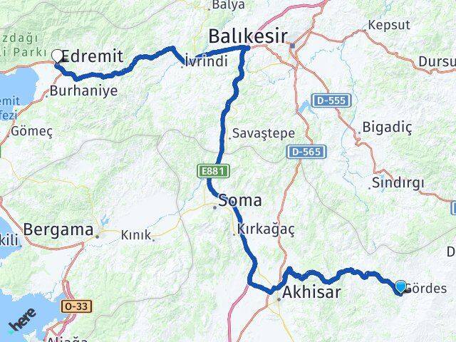 Manisa Gördes Edremit Balıkesir Arası Kaç Km - Yol Haritası