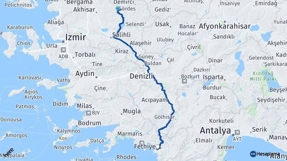 Manisa Gördes Fethiye Muğla Arası Kaç Km - Yol Haritası