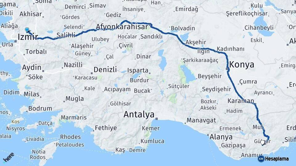 Manisa Gülnar Mersin Arası Kaç Km - Yol Haritası