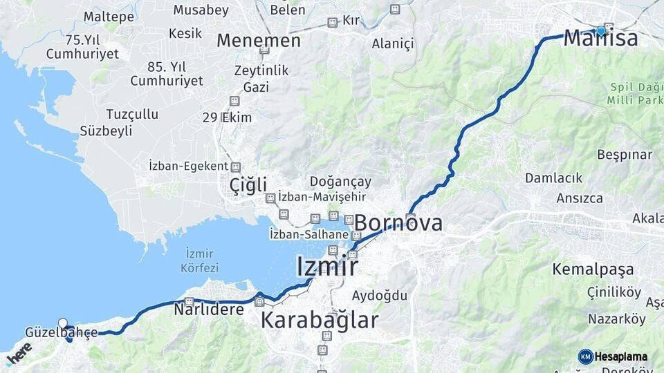 Manisa Güzelbahçe İzmir Arası Kaç Km - Yol Haritası