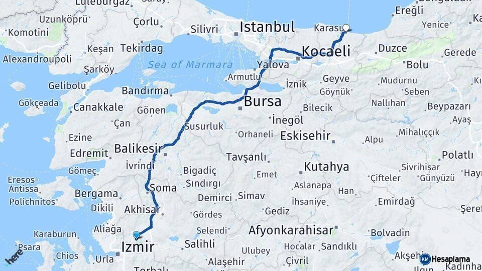 Manisa Karasu Sakarya Arası Kaç Km - Yol Haritası