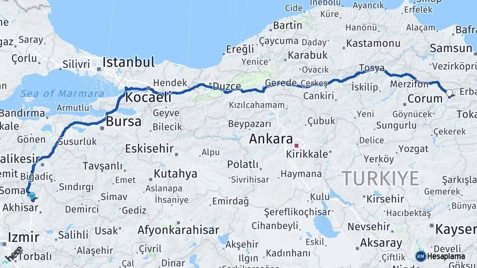 Manisa Kırkağaç Amasya Arası Kaç Km - Yol Haritası