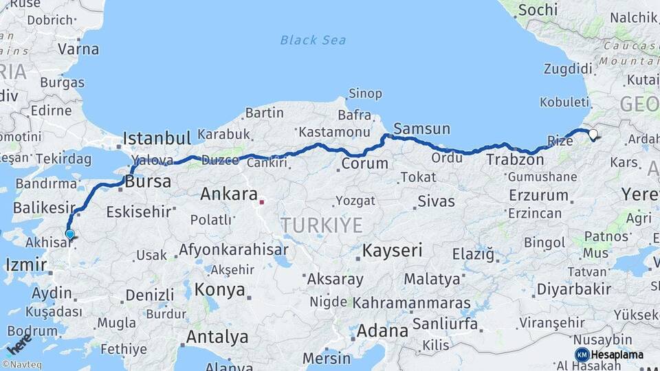 Manisa Kırkağaç Artvin Arası Kaç Km - Yol Haritası
