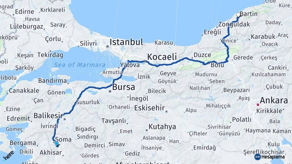 Manisa Kırkağaç Bartın Arası Kaç Km - Yol Haritası
