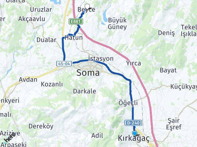 Manisa Kırkağaç Beyce Soma Arası Kaç Km - Yol Haritası