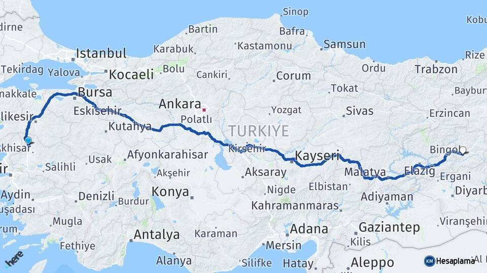 Manisa Kırkağaç Bingöl Arası Kaç Km - Yol Haritası
