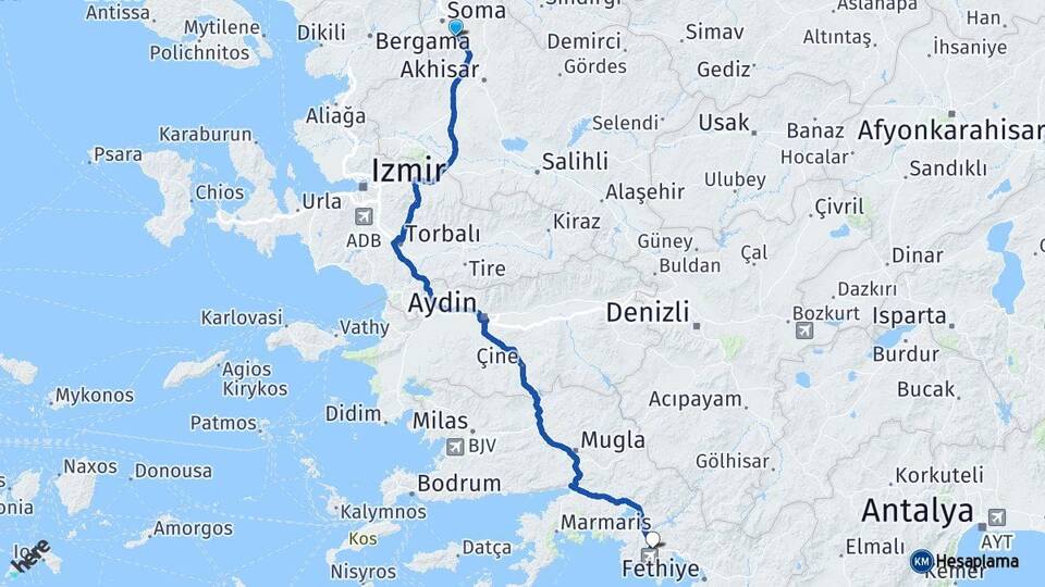 Manisa Kırkağaç Dalaman Muğla Arası Kaç Km - Yol Haritası