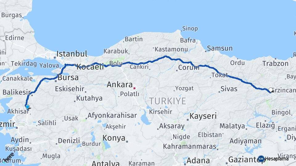 Manisa Kırkağaç Erzincan Arası Kaç Km - Yol Haritası