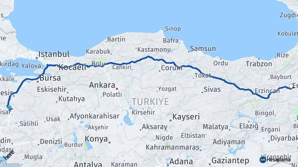 Manisa Kırkağaç Erzurum Arası Kaç Km - Yol Haritası