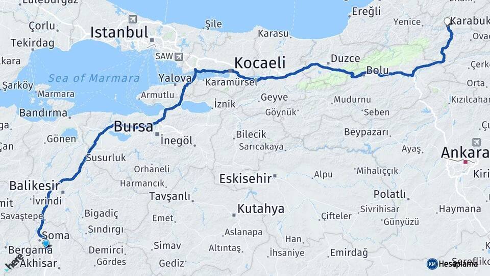 Manisa Kırkağaç Karabük Arası Kaç Km - Yol Haritası