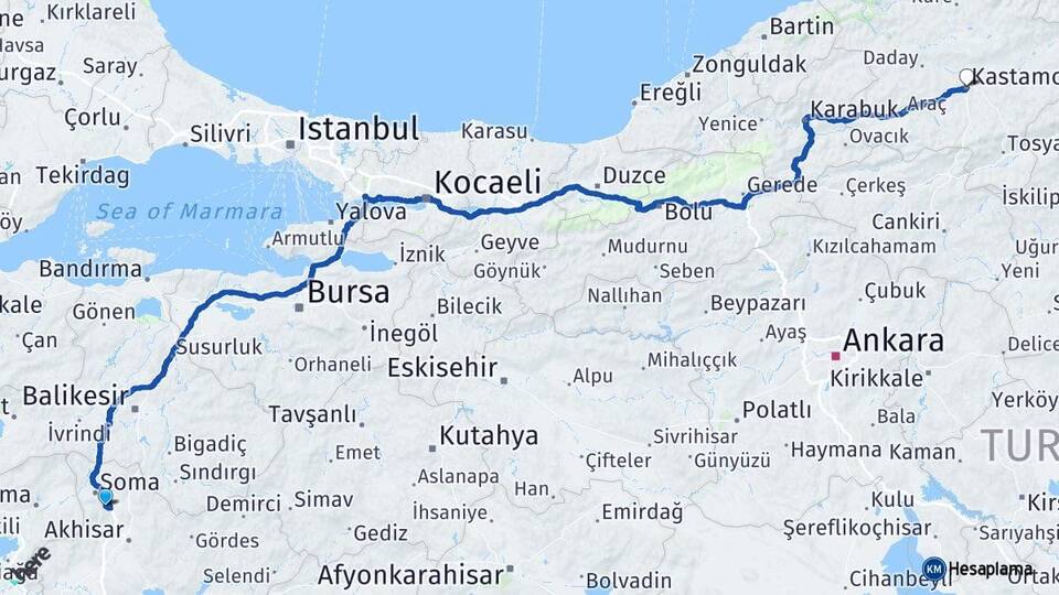 Manisa Kırkağaç Kastamonu Arası Kaç Km - Yol Haritası