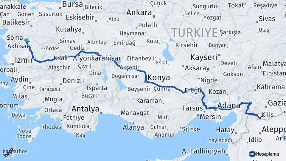 Manisa Kırkağaç Kilis Arası Kaç Km - Yol Haritası