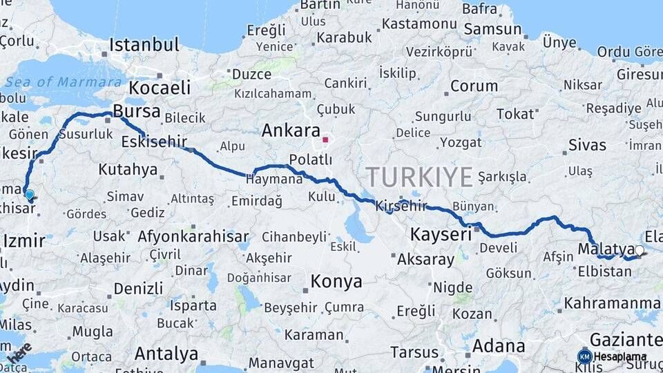 Manisa Kırkağaç Malatya Arası Kaç Km - Yol Haritası