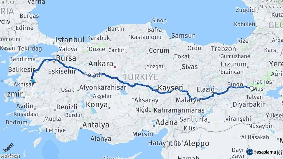 Manisa Kırkağaç Muş Arası Kaç Km - Yol Haritası
