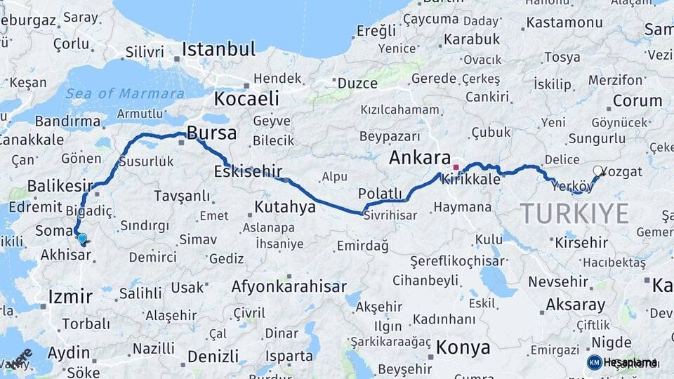 Manisa Kırkağaç Yozgat Arası Kaç Km - Yol Haritası