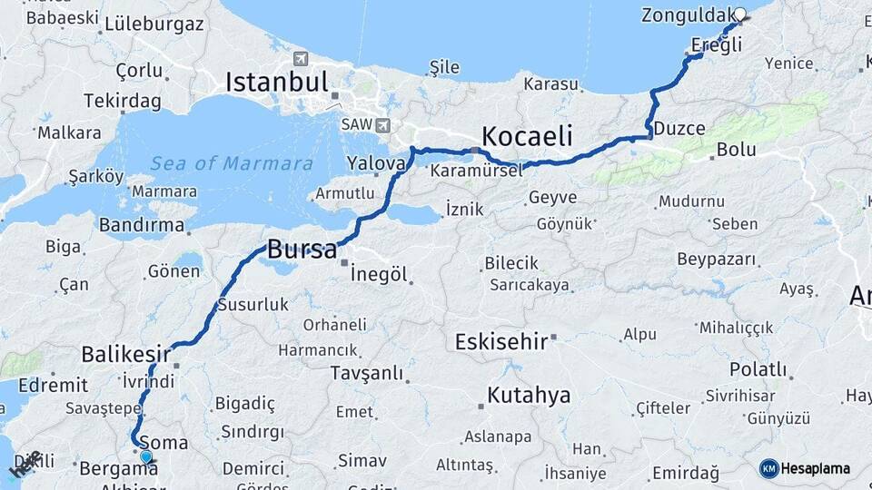 Manisa Kırkağaç Zonguldak Arası Kaç Km - Yol Haritası