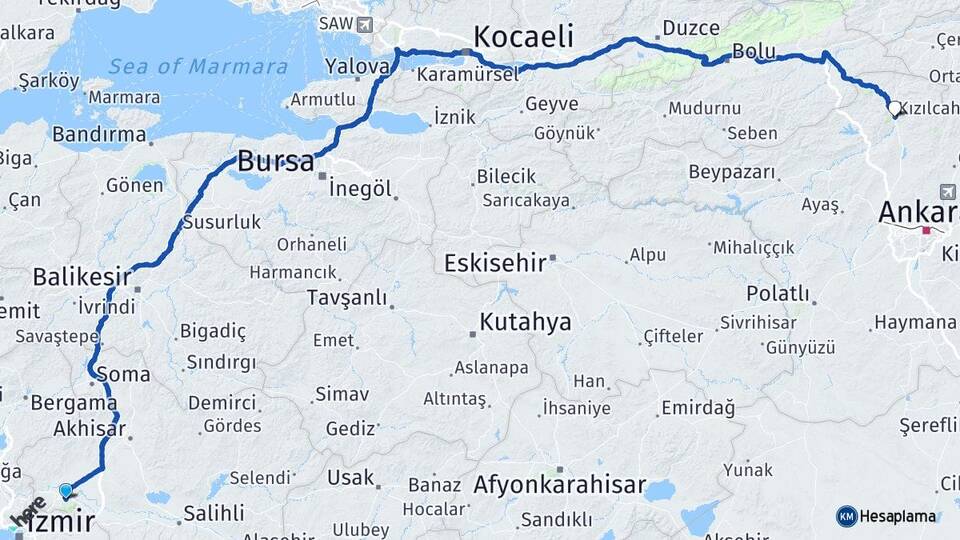 Manisa Kızılcahamam Ankara Arası Kaç Km - Yol Haritası