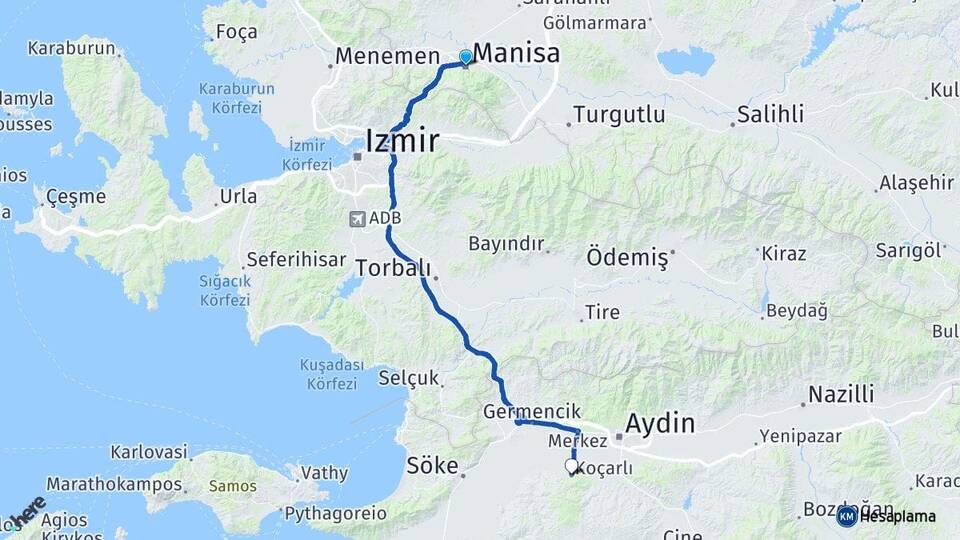 Manisa Koçarlı Aydın Arası Kaç Km - Yol Haritası