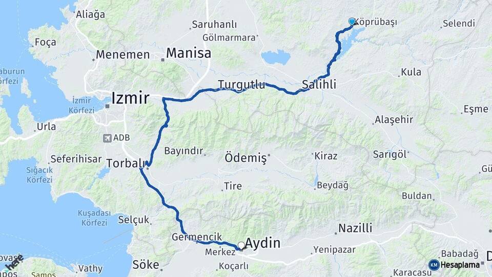 Manisa Köprübaşı Aydın Arası Kaç Km - Yol Haritası