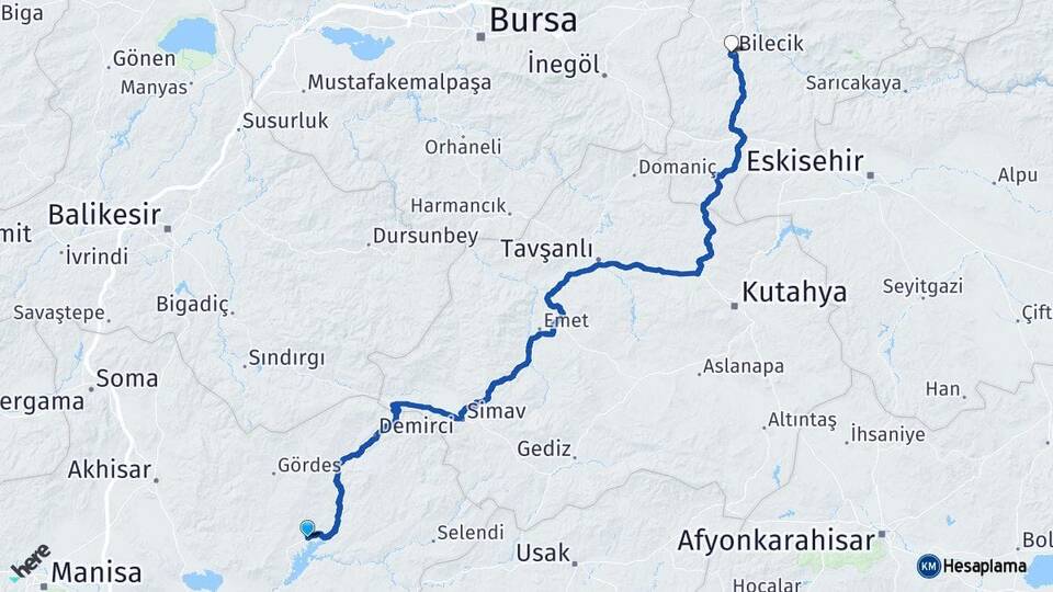Manisa Köprübaşı Bilecik Arası Kaç Km - Yol Haritası
