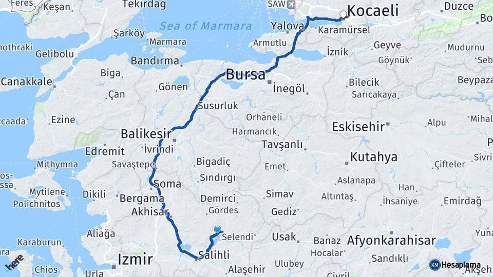 Manisa Köprübaşı Kocaeli Arası Kaç Km - Yol Haritası